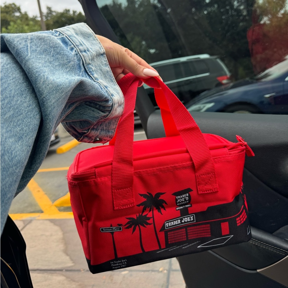 Bright red mini insulated Trader Joe’s bag!
